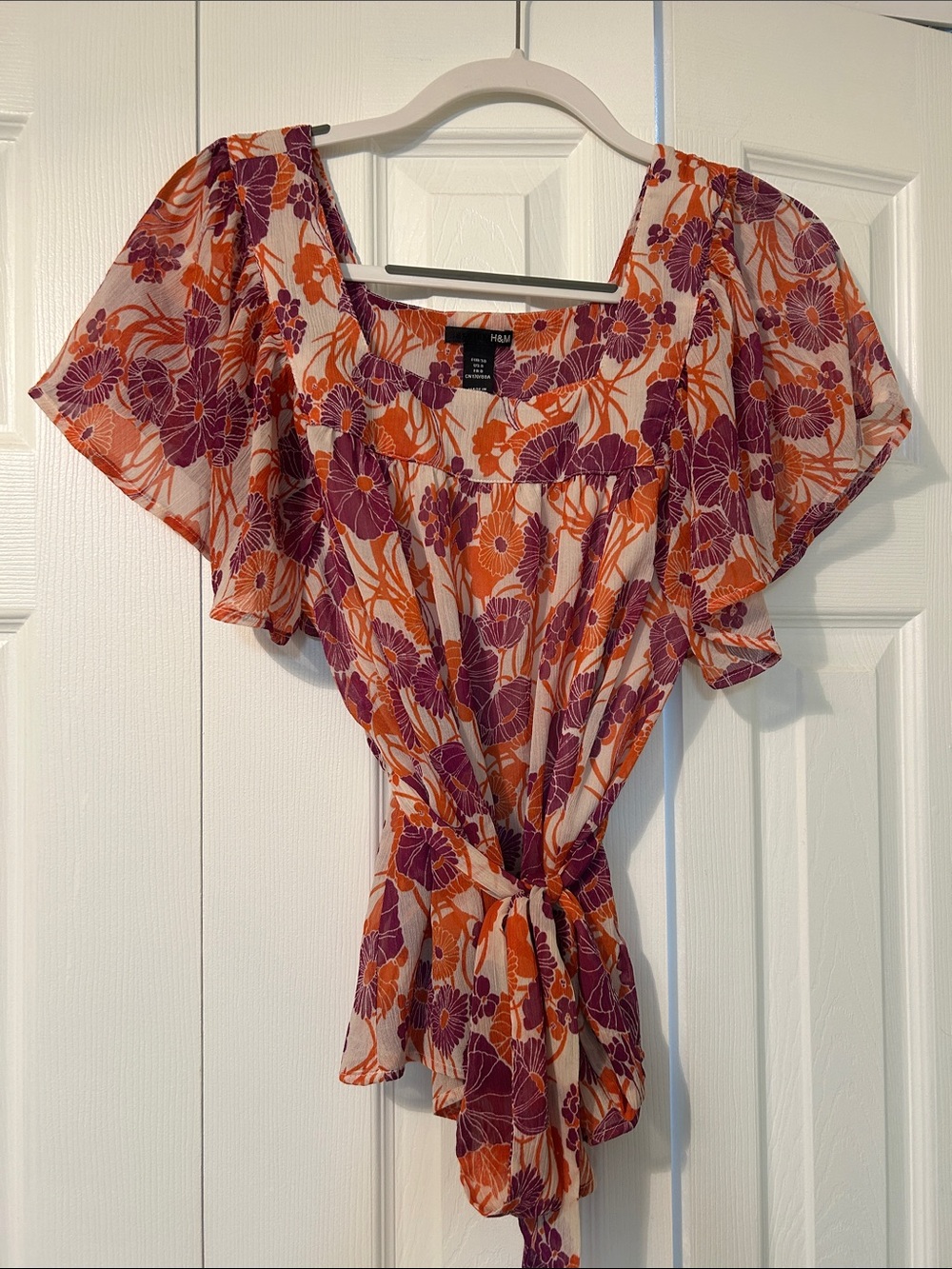 H&M Orange & Purple Floral Tie-Waist Flutter Sleeve Blouse